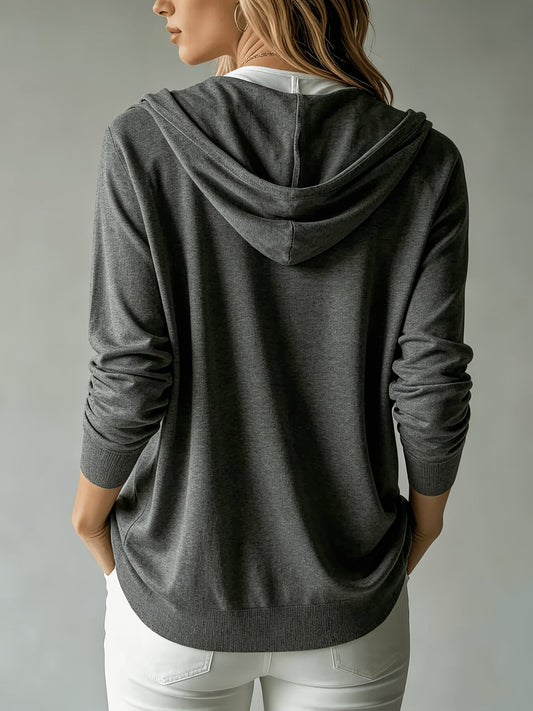 Gaia | Cardigan Grigio Scuro con Cappuccio e Chiusura a Bottoni