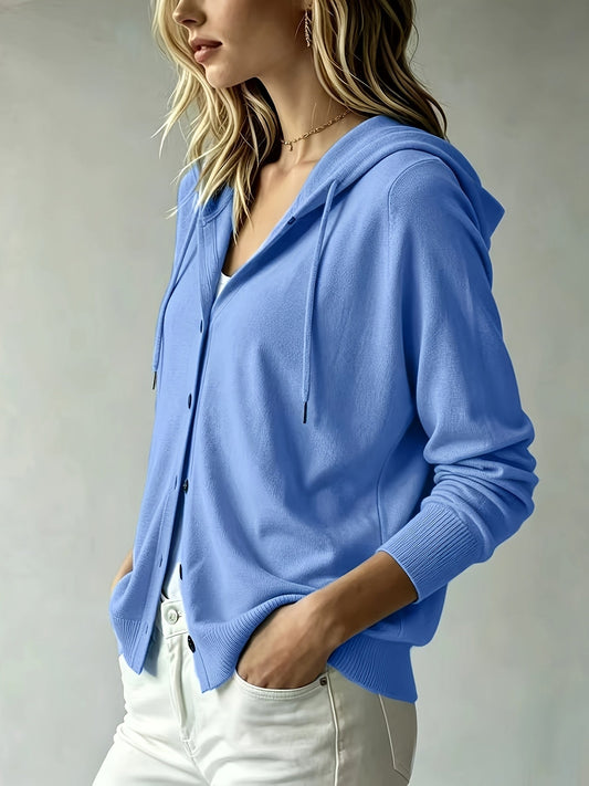 Beatrice | Cardigan Blu con Cappuccio e Chiusura a Bottoni