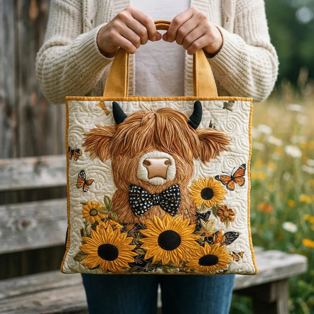 Borsa artigianale | Mucca highland e girasoli