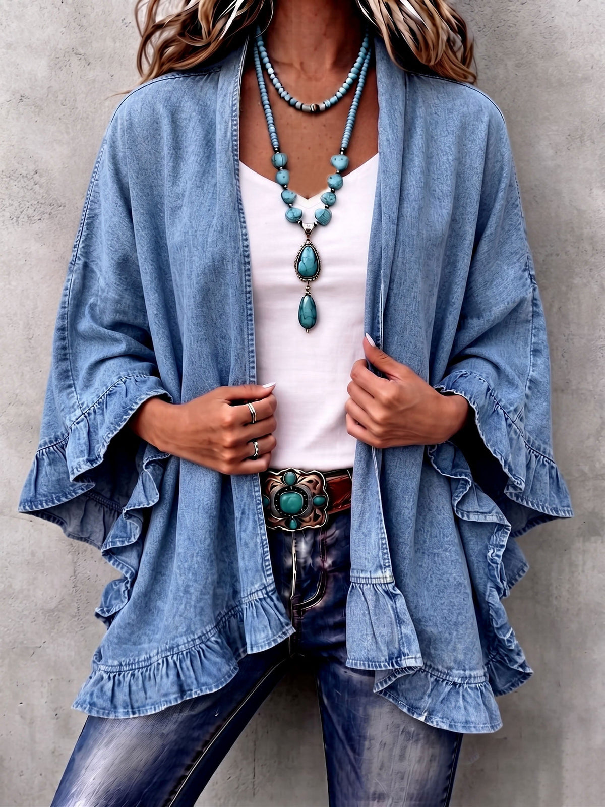 Cinzia | Cardigan di Jeans con Volant Boho
