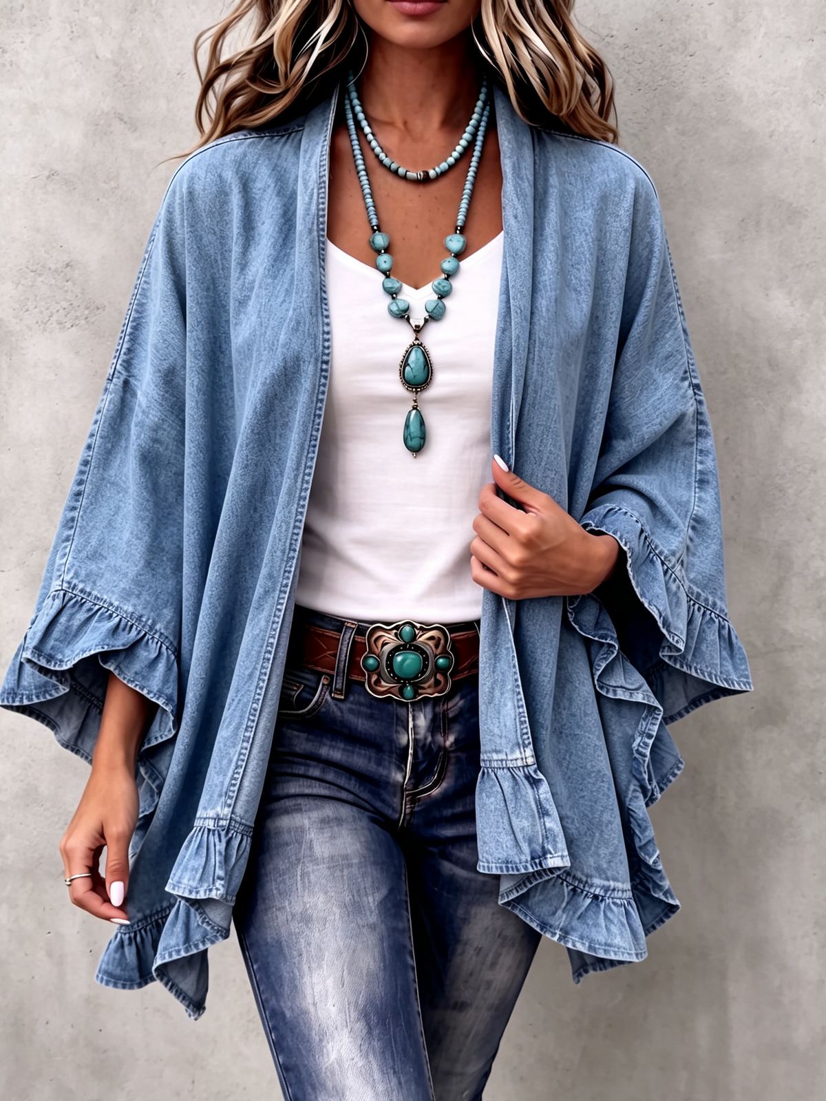 Cinzia | Cardigan di Jeans con Volant Boho