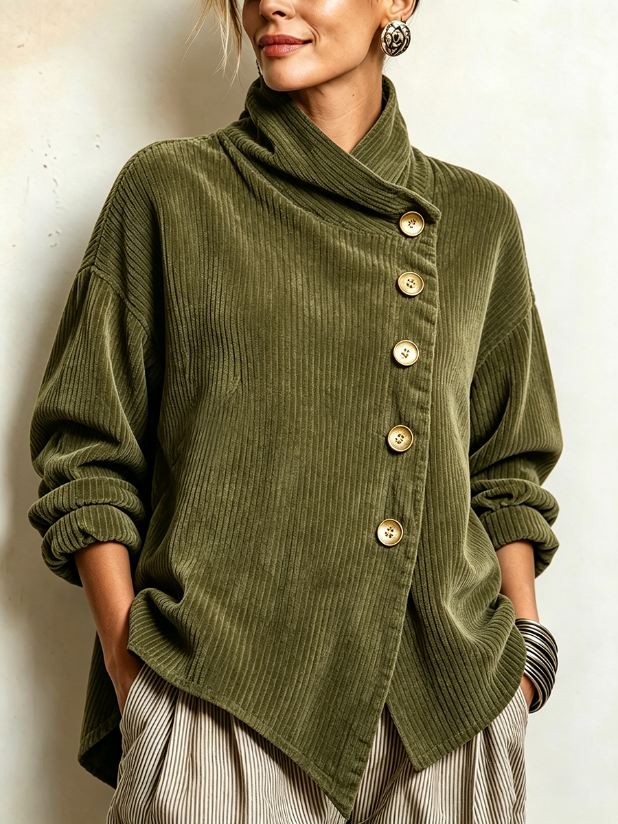 Lucrezia | Top in Velluto a Coste Verde Oliva con Bottoni Diagonali