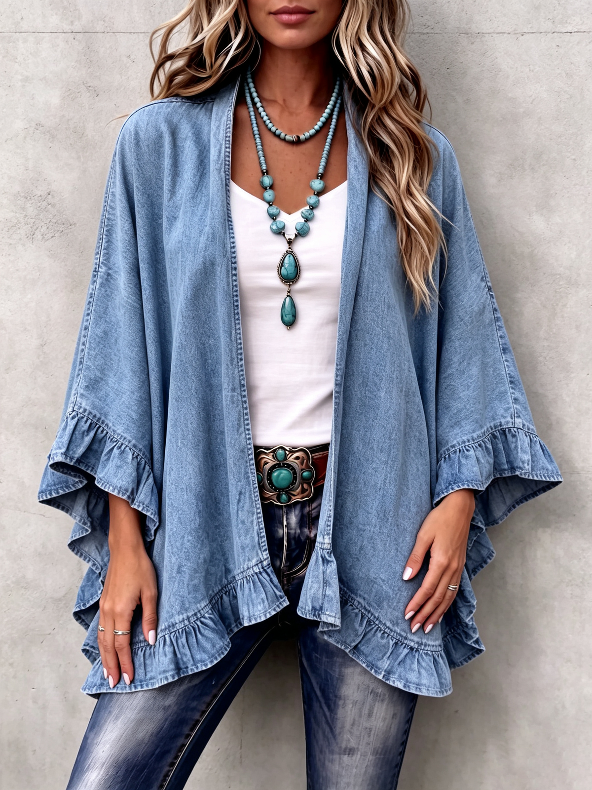 Cinzia | Cardigan di Jeans con Volant Boho